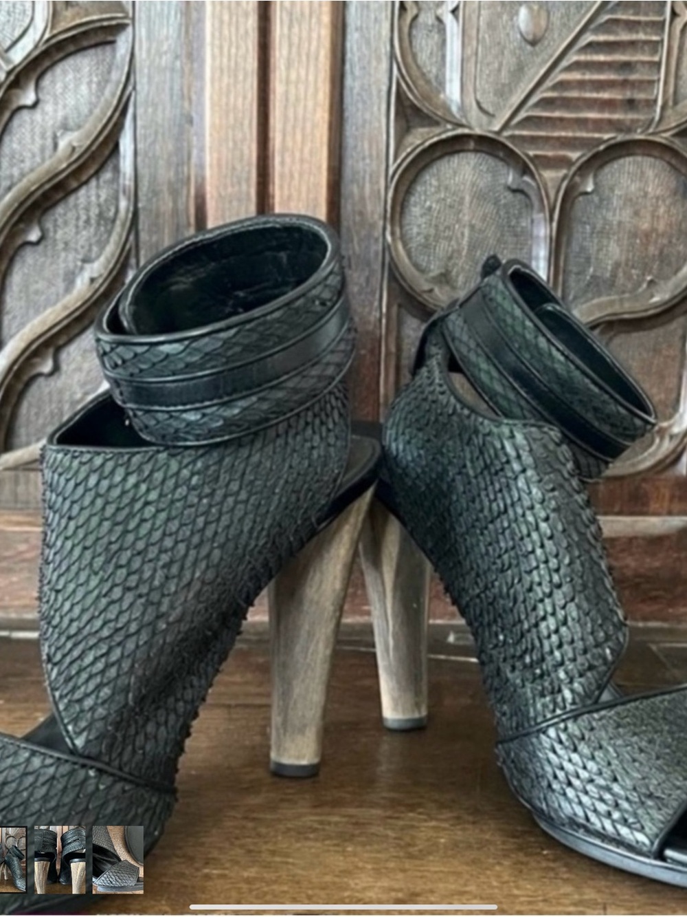 ❤️ BCBG Black Embossed Leather Sculptural Heel Sandals